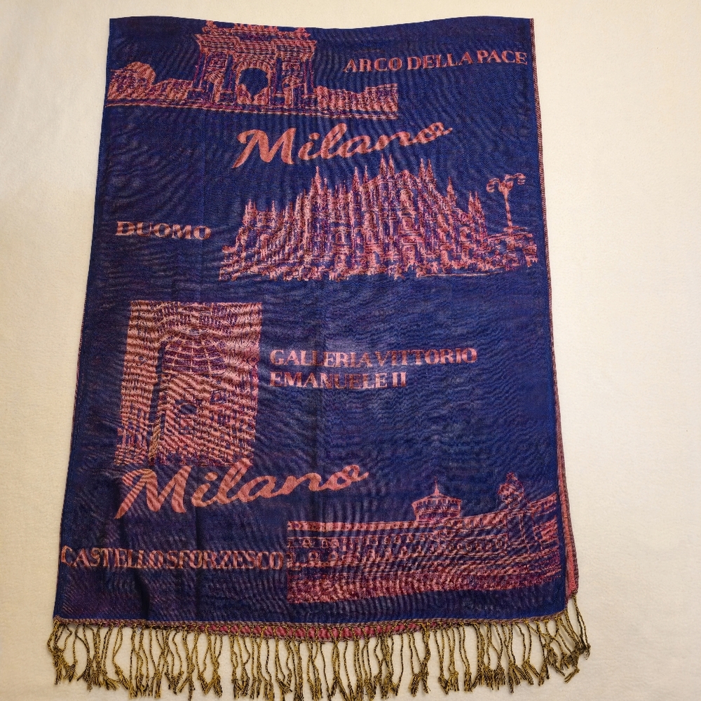 Milano Themed Blue‎ and Pink Scarf About 70" Long Open Viscose/cotton Blend
